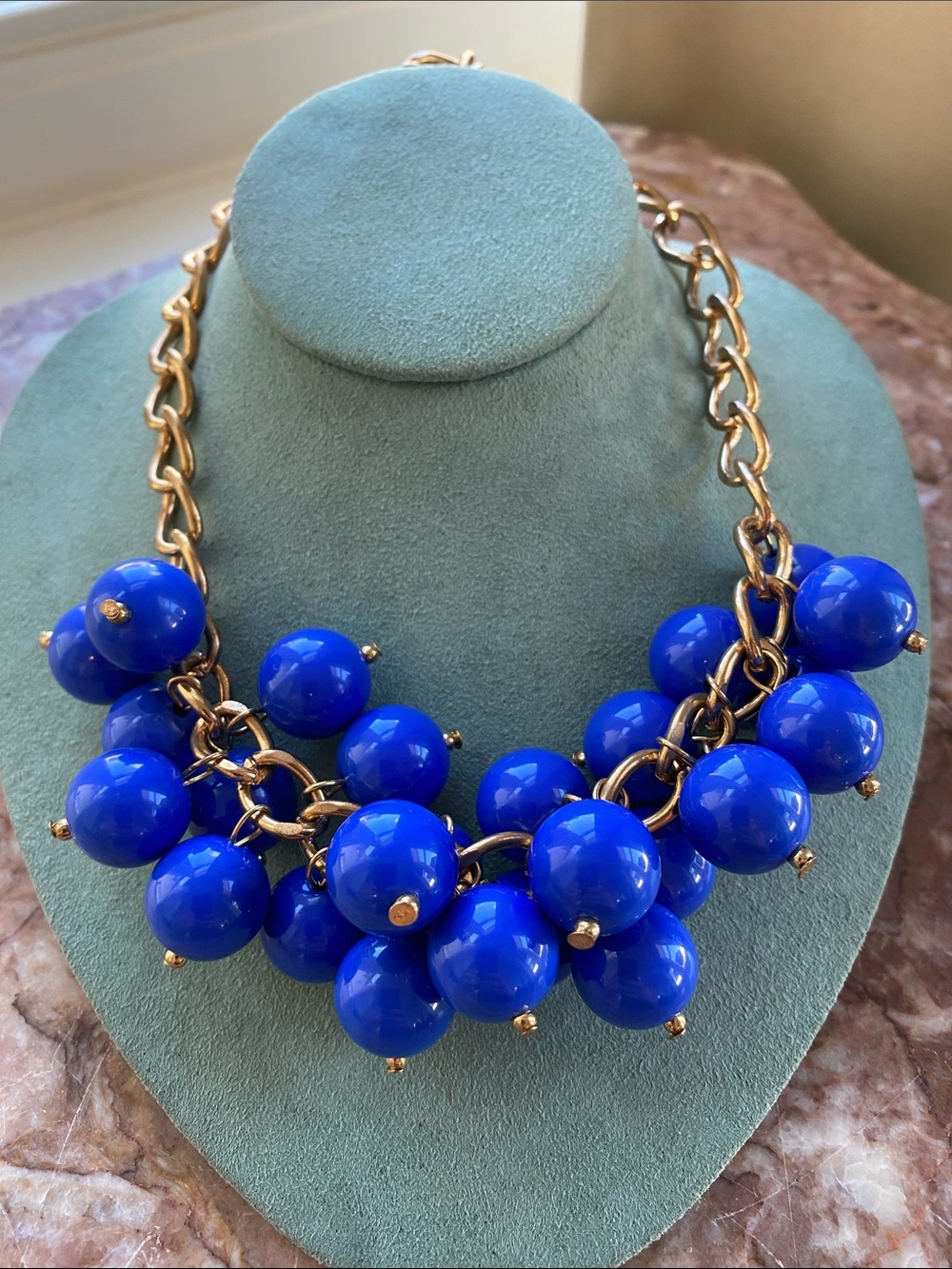 Bold Cobalt Blue Beaded Cluster Statement Necklace - gold tone chain